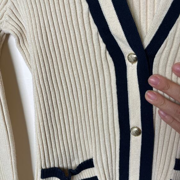 Cabi Women's Small Ribbed Knit Cardigan Sweater Cream Navy Striped Old Money - Picture 4 of 6